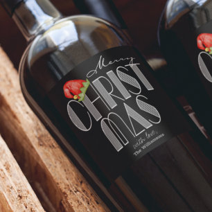 Merry Christmas Retro Typography Black Wine Label