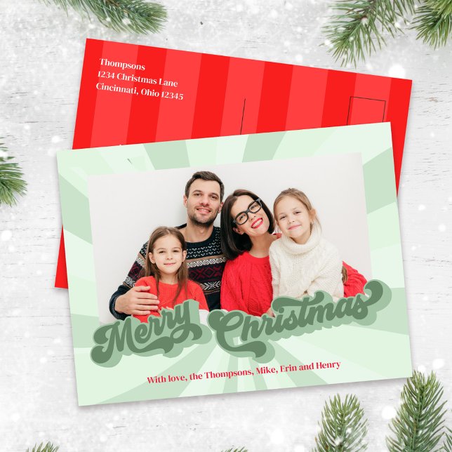 Merry Christmas Retro Typography Photo Red Green Holiday Postcard (Merry Christmas Green Whimsical Typography photo postcard. )