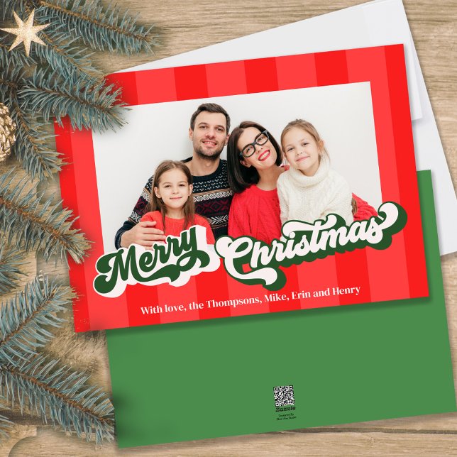 Merry Christmas Retro Typography Red Green Photo Holiday Card (Bright and bold Merry Christmas retro vintage typography photo card)