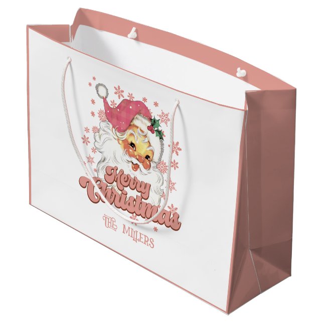 Merry Christmas Retro Typography Santa Pink Hat Large Gift Bag (Back Angled)