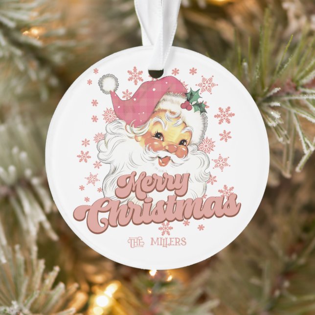 Merry Christmas Retro Typography Santa Pink Hat Ornament (Tree)