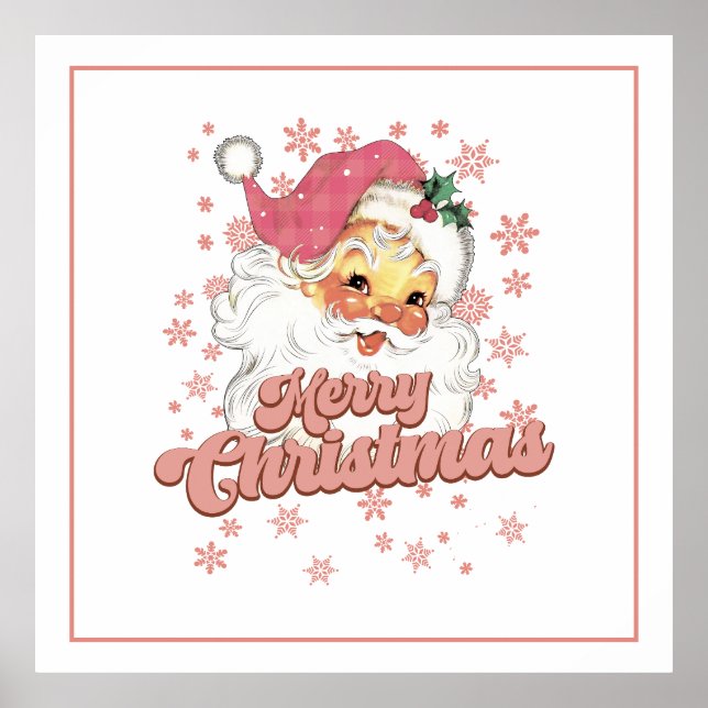 Merry Christmas Retro Typography Santa Pink Hat Poster (Front)