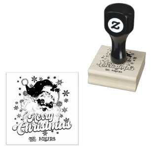 Merry Christmas Retro Typography Santa Pink Hat Rubber Stamp