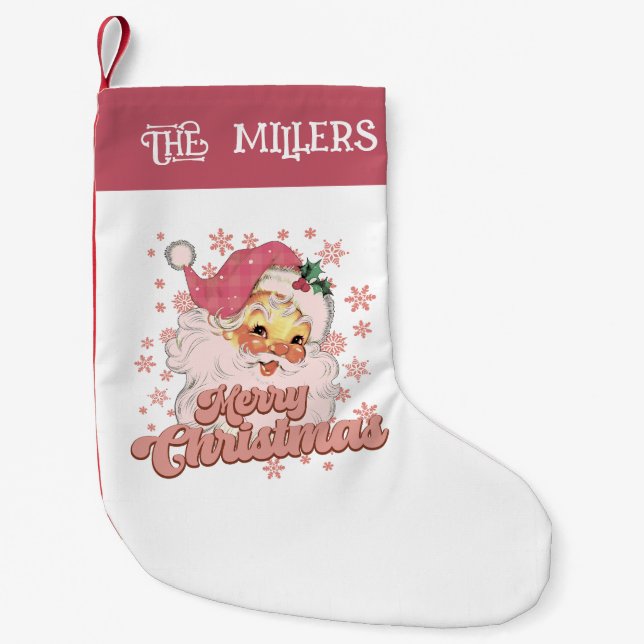 Merry Christmas Retro Typography Santa Pink Hat Small Christmas Stocking (Front)