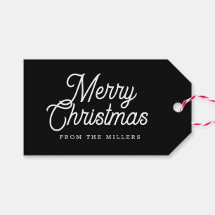 MERRY CHRISTMAS RETRO WHITE TYPOGRAPHY ON BLAC GIFT TAGS