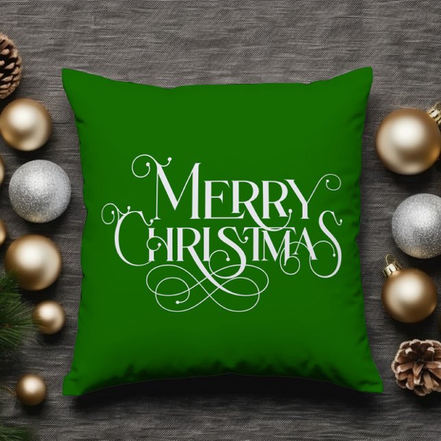 Merry Christmas Retro White Typography on Green Cushion (Creator Uploaded)