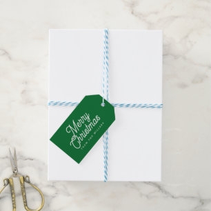 MERRY CHRISTMAS RETRO WHITE TYPOGRAPHY ON GREEN GIFT TAGS
