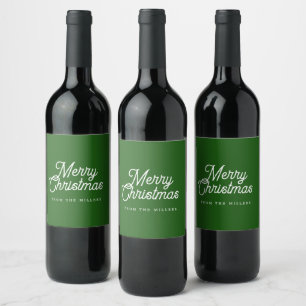 MERRY CHRISTMAS RETRO WHITE TYPOGRAPHY ON GREEN WINE LABEL