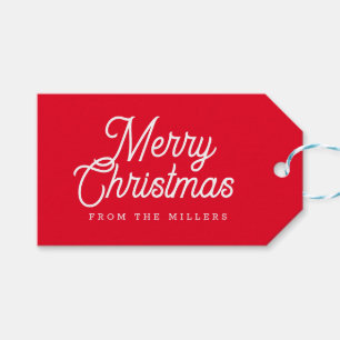 MERRY CHRISTMAS RETRO WHITE TYPOGRAPHY ON RED GIFT TAGS