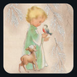 Merry Christmas | Retro Winter Child With Friends Square Sticker<br><div class="desc">Merry Christmas | Retro Winter Child With Friends</div>