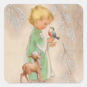 Merry Christmas   Retro Winter Child With Friends Square Sticker