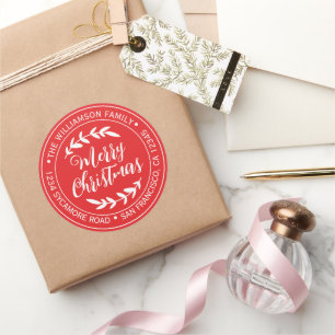 Merry Christmas Return Address Bright Red Classic Round Sticker