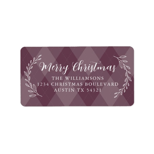 Merry Christmas Return Address Burgundy Argyle Label (Front)