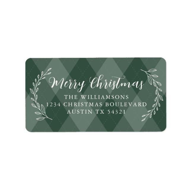 Merry Christmas Return Address Dark Green Argyle Label (Front)