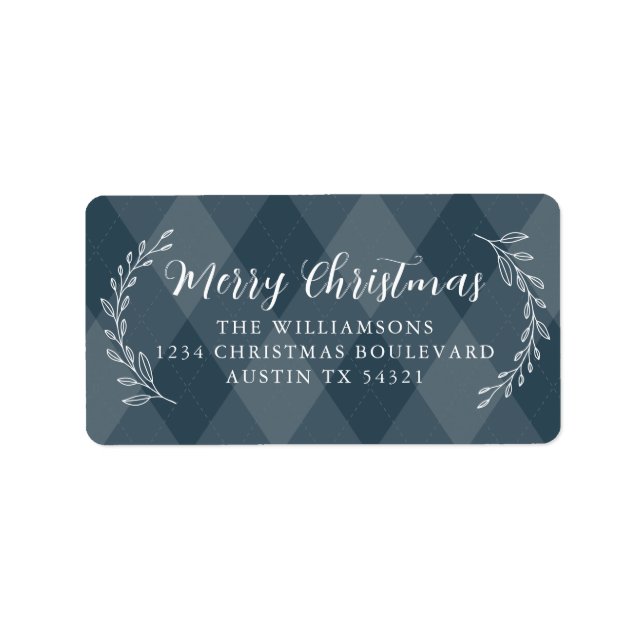 Merry Christmas Return Address Dark Teal Argyle Label (Front)