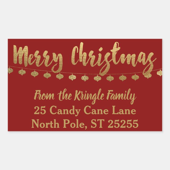 Merry Christmas Return Address Red Gold Rectangular Sticker (Front)