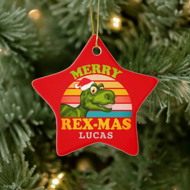 Merry Christmas Rex-mas Dinosaur Personalised Name Ceramic Tree Decoration (Tree)