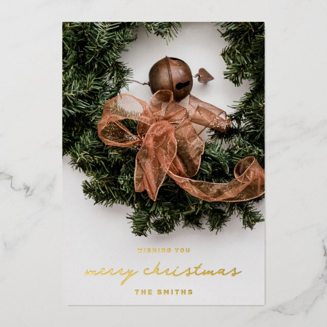 Merry Christmas Ribbon Bell Wreath Elegant Photo Foil Holiday Card (Front)