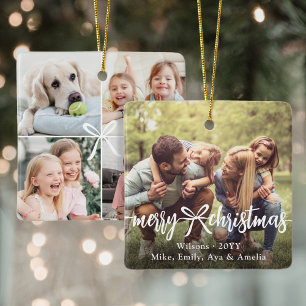 Merry Christmas Ribbon & Bow Modern Photo Collage Ceramic Ornament