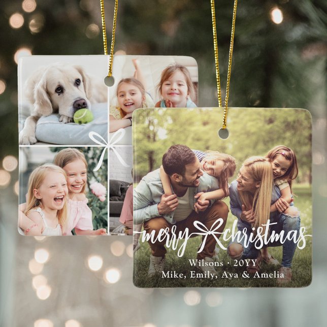 Merry Christmas Ribbon & Bow Modern Photo Collage Ceramic Ornament (Creator Uploaded)