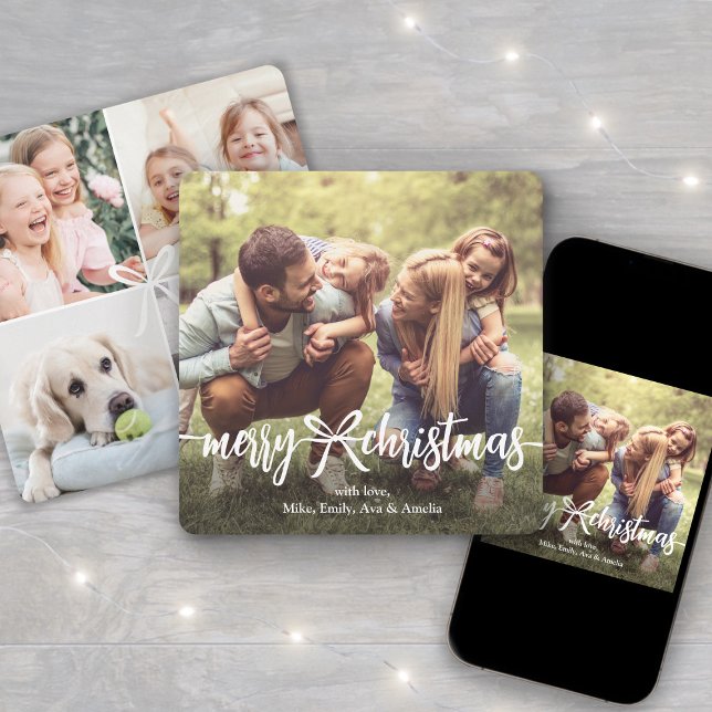 Merry Christmas Ribbon & Bow Modern Photo Collage Holiday Card (Creator Uploaded)