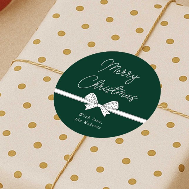 Merry Christmas Ribbon Handwritten Modern Classic Round Sticker (Modern whimsical bow green and white Christmas stickers)