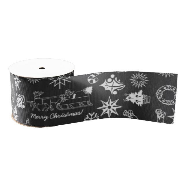 Merry Christmas Ribbon Santa Star Black White Grosgrain Ribbon (Spool)