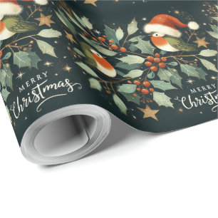 Merry Christmas Robin Mistletoe Wreath Wrapping Paper