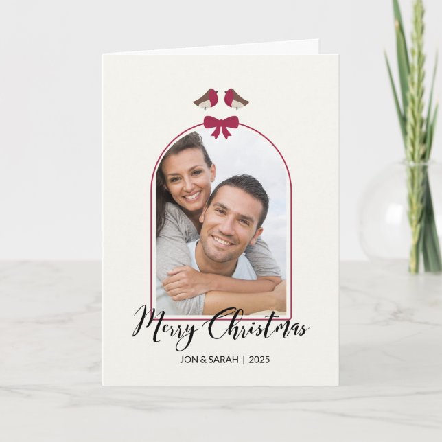 Merry Christmas Robins and Red Bow Arched Holiday Card (Front)