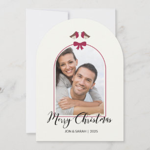 Merry Christmas Robins and Red Bow Arched Invitation