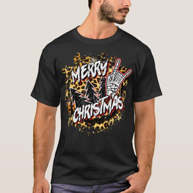 Merry Christmas Rock And Roll Leopard Xmas Tree Ro T-Shirt (Front)