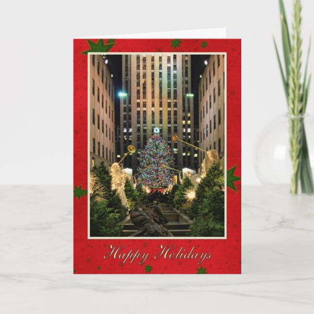 Merry Christmas: Rock Centre, Red Green Starry Sky Holiday Card (Front)