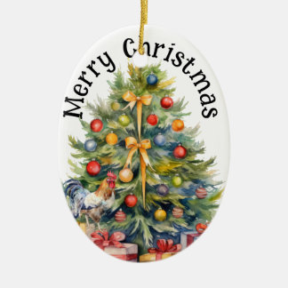 Merry Christmas Rooster w/ Christmas tree Ceramic Tree Decoration