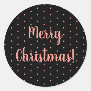Merry Christmas Rose Gold and Black Polka Dots Classic Round Sticker