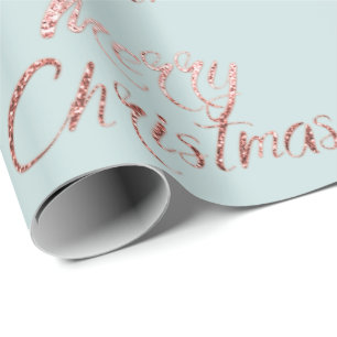 Merry Christmas Rose Gold Blue Cottage Wrapping Paper