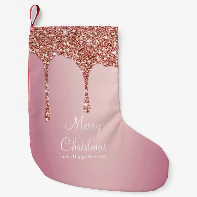 Merry Christmas Rose Gold Drip Glam Girl Small Christmas Stocking (Front)