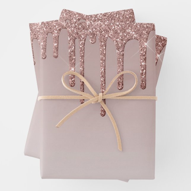 Merry Christmas Rose Gold Drip Glam Girl Wrapping Paper Sheet (In situ)