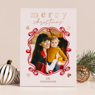 Merry Christmas Rose Gold Foil Ribbon Bow Photo Holiday Card