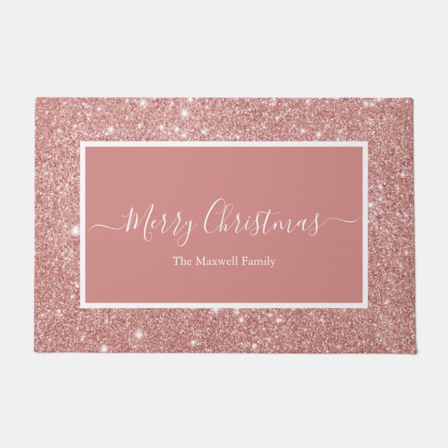 Merry Christmas rose gold glitter family name Door Doormat (Front)