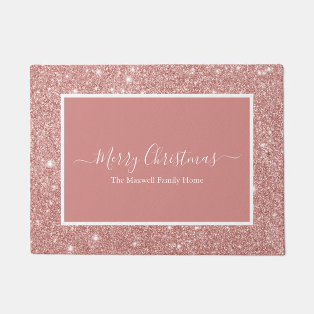 Merry Christmas rose gold glitter family name Doormat (Front)
