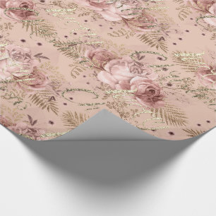 Merry Christmas Rose Gold Glitter Script Floral Wrapping Paper