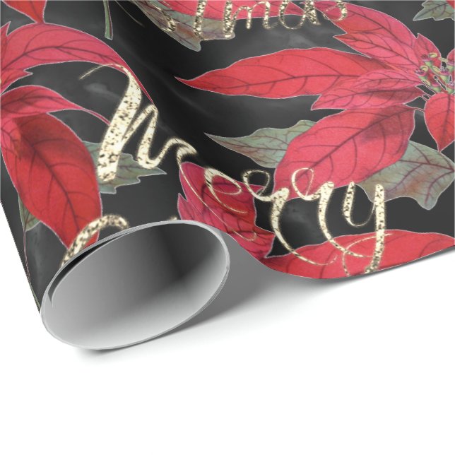 Merry Christmas Rose Gold Glitter Script Red Black Wrapping Paper (Roll Corner)