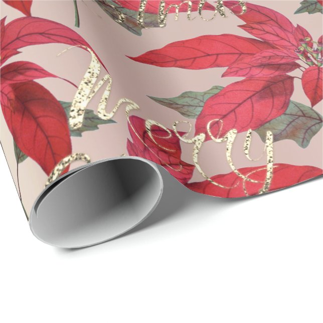 Merry Christmas Rose Gold Glitter Script Red Flora Wrapping Paper (Roll Corner)