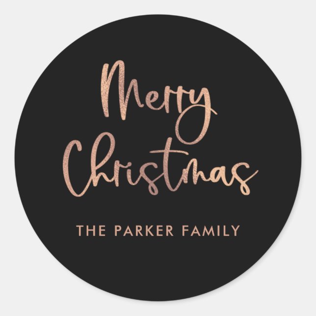 Merry Christmas | Rose Gold on Black Casual Script Classic Round Sticker (Front)
