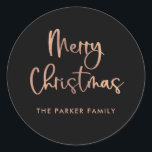 Merry Christmas | Rose Gold on Black Casual Script Classic Round Sticker<br><div class="desc">These simple and stylish,  faux rose gold and black holiday stickers say "Merry Christmas" in modern,  casual script typography.</div>