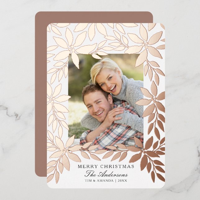 Merry Christmas Rose Gold Poinsettia Foil Card (Front/Back)