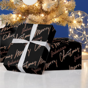 Merry Christmas Rose Gold Script From Name Black  Wrapping Paper