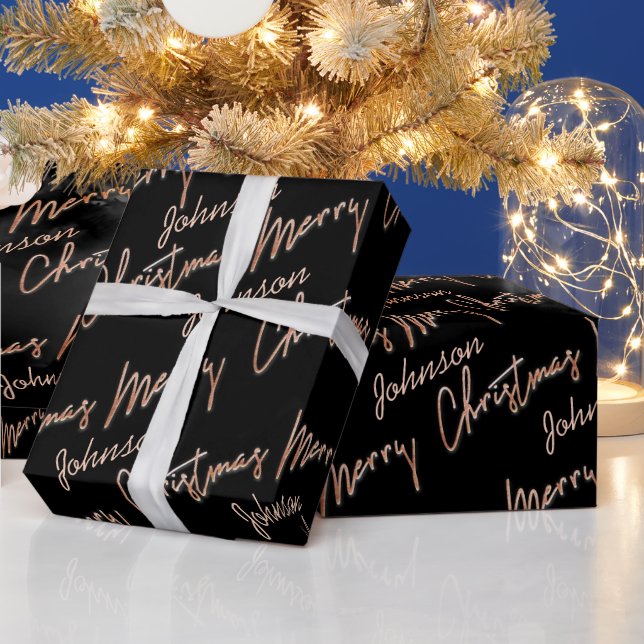 Merry Christmas Rose Gold Script From Name Black  Wrapping Paper (Holidays)