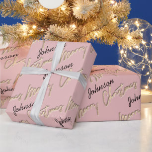 Merry Christmas Rose Gold Script Name Blush  Wrapping Paper