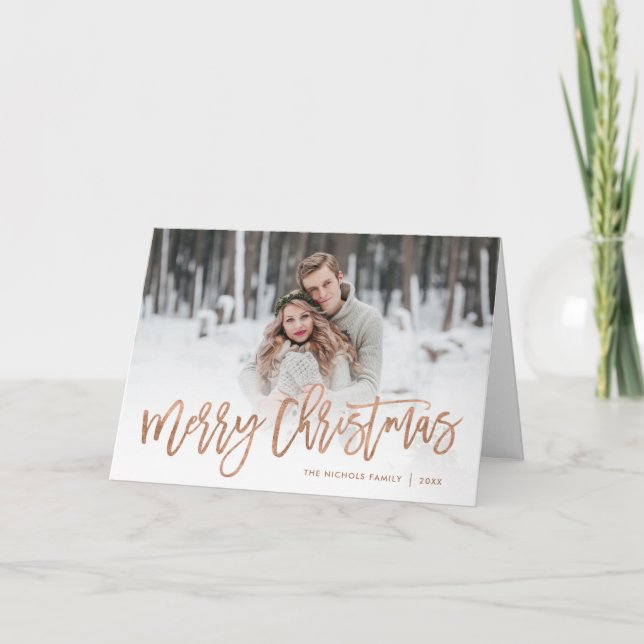Merry Christmas Rose Gold Script Photo Overlay Holiday Card (Front)